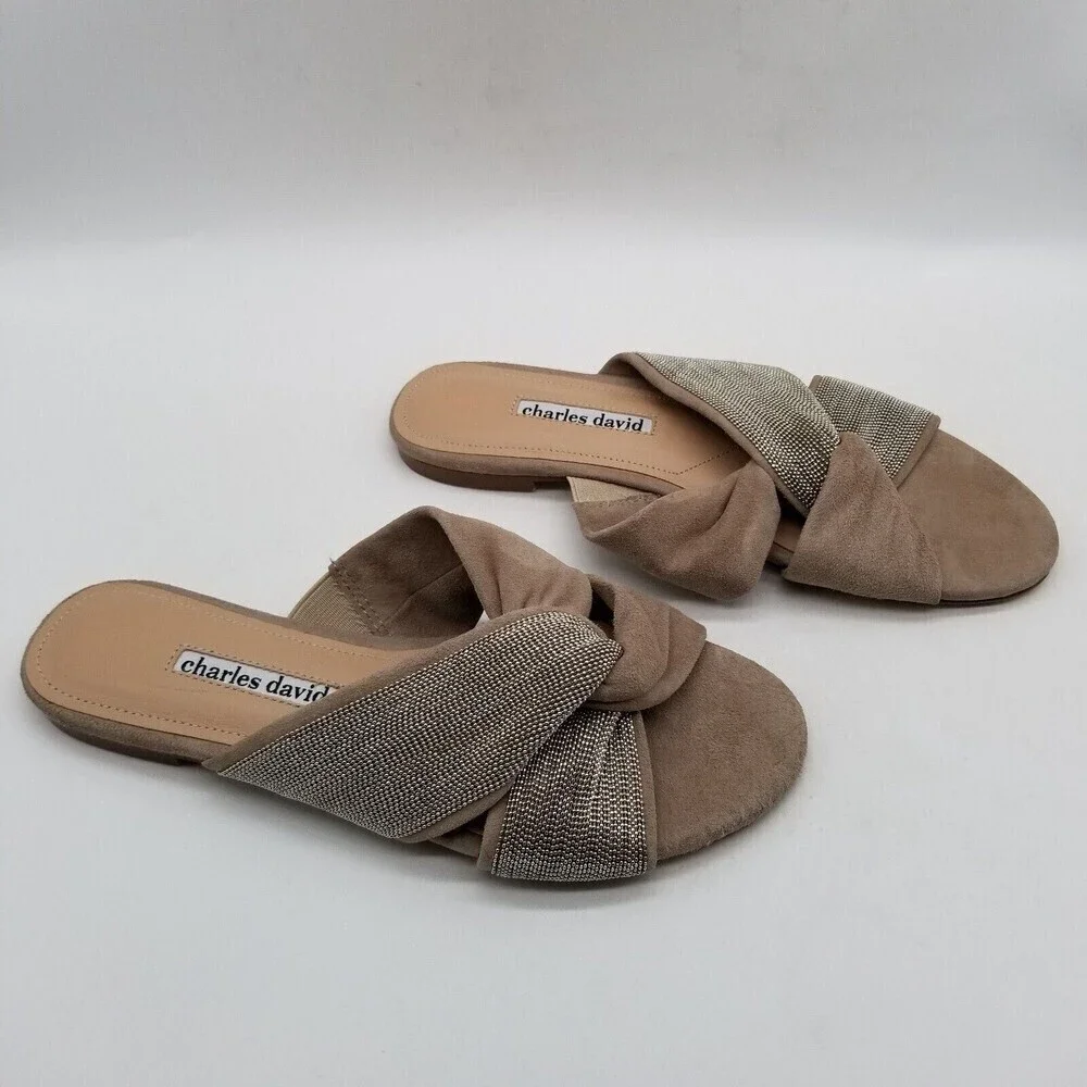 Charles David Women Kendall Slide Sandals‎ Knot Flats Gray Suede 6.5